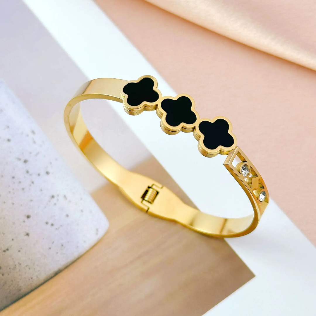 Triple Clover Black Enamel Gold Plated Anti-Tarnish Bracelet (Regular Size 2.6 & 2.8)
