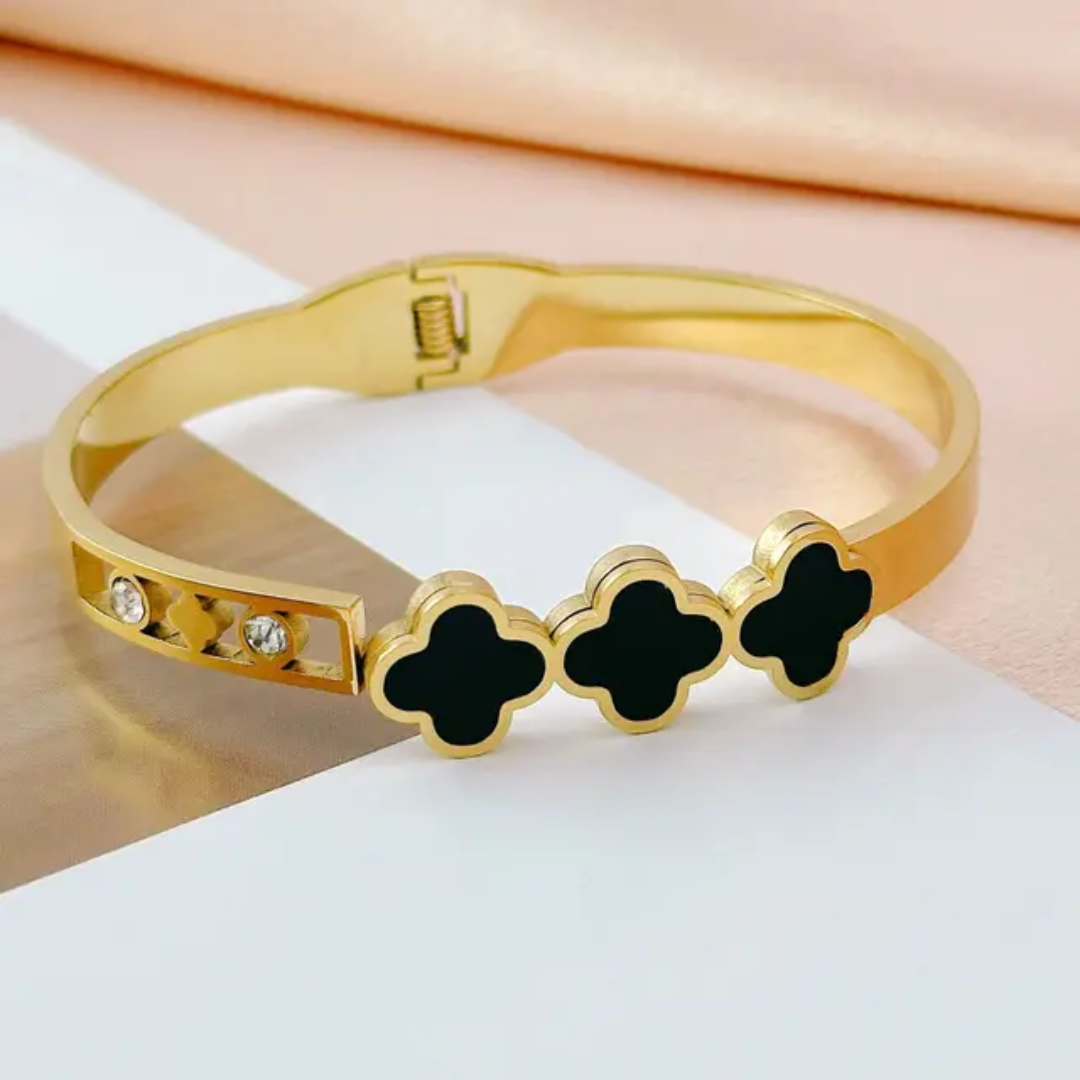 Triple Clover Black Enamel Gold Plated Anti-Tarnish Bracelet (Regular Size 2.6 & 2.8)