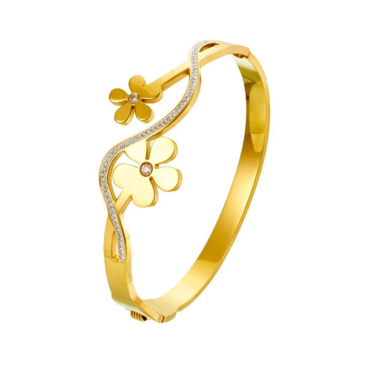 Gold Plated Anti-Tarnish Floral Kada with Stone Accents (Size 2.6 & 2.8)