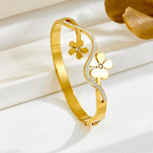 Gold Plated Anti-Tarnish Floral Kada with Stone Accents (Size 2.6 & 2.8)