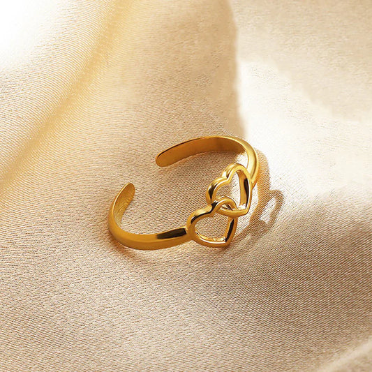 Gold Plated Interlocking Double Heart Adjustable Finger Ring