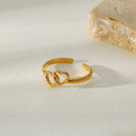 Gold Plated Interlocking Double Heart Adjustable Finger Ring