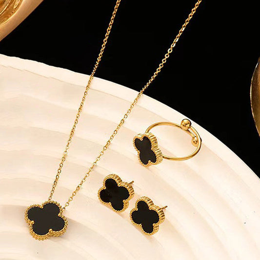 Anti Tarnish Black Clover Charm Jewelry Set – Necklace, Ring & Earrings