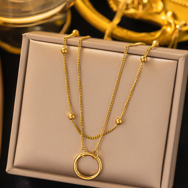 Gold-Plated Double Layer Necklace with Beads & Circle Pendant