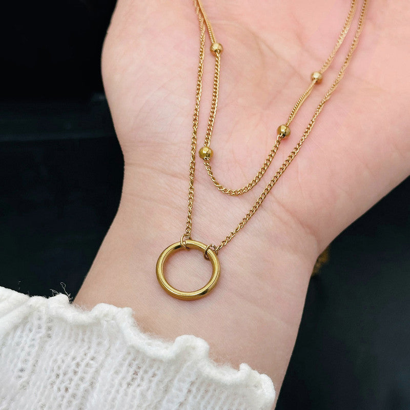 Gold-Plated Double Layer Necklace with Beads & Circle Pendant