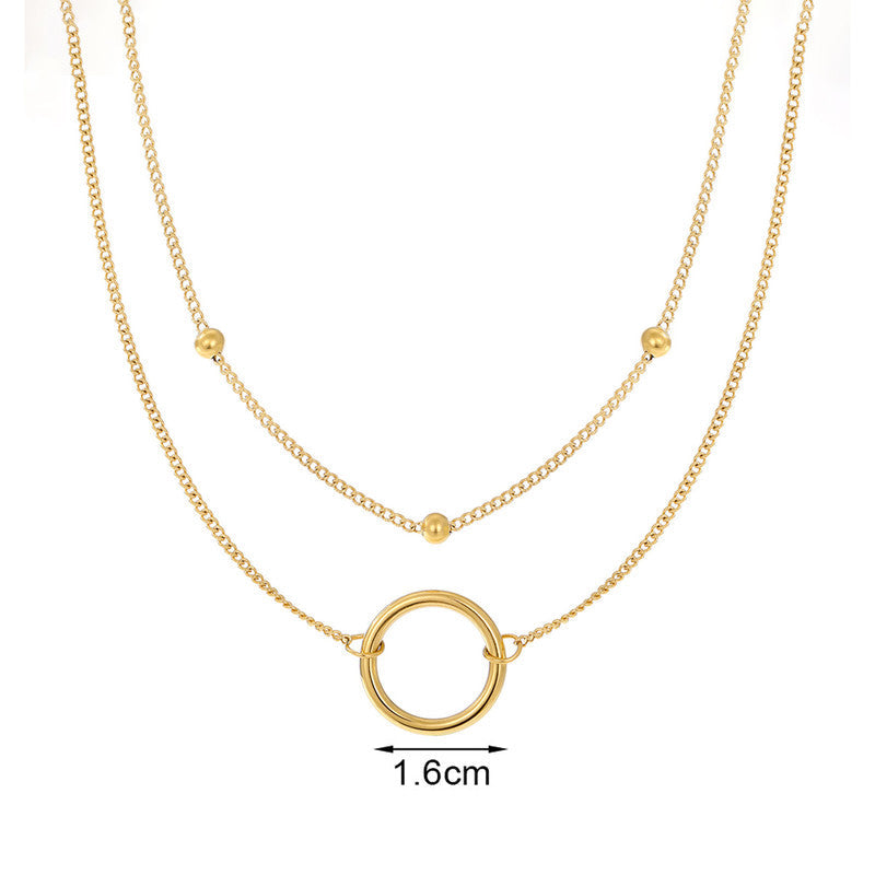 Gold-Plated Double Layer Necklace with Beads & Circle Pendant