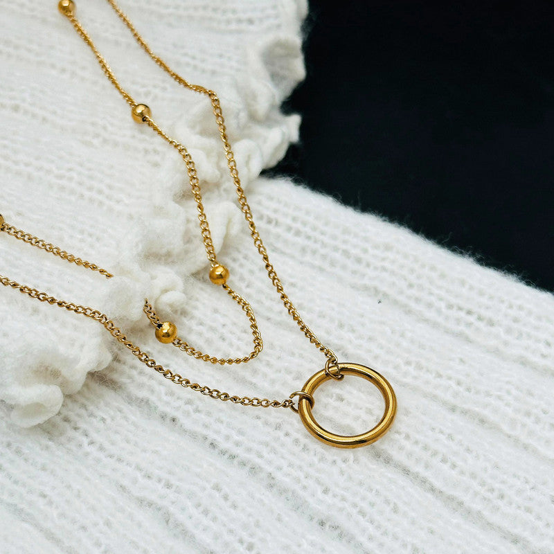Gold-Plated Double Layer Necklace with Beads & Circle Pendant