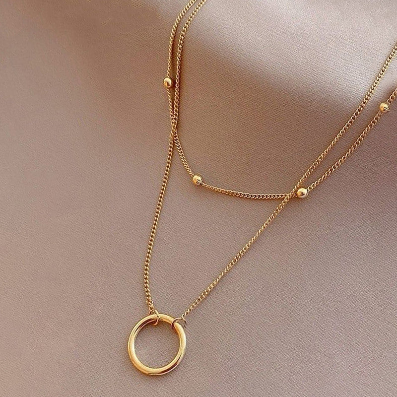 Gold-Plated Double Layer Necklace with Beads & Circle Pendant