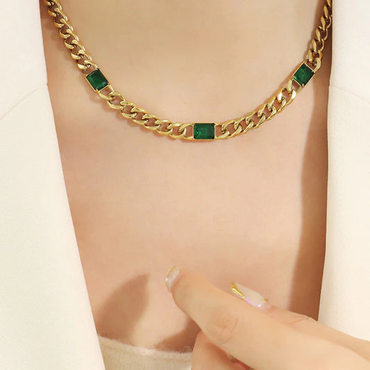 Gold Plated Anti Tarnish Green Stone Chain Necklace