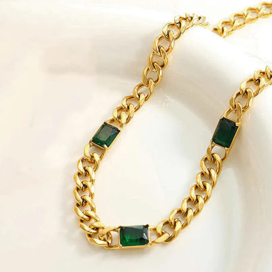 Gold Plated Anti Tarnish Green Stone Chain Necklace
