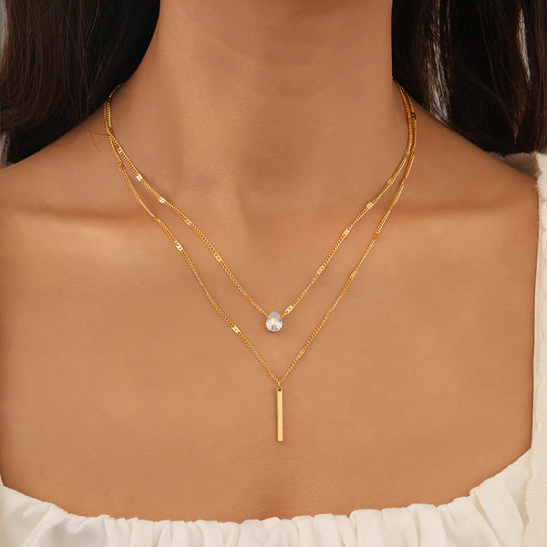 Teardrop Crystal Pendant and Sleek Bar Charm Gold Plated Anti Tarnish Layered Necklace