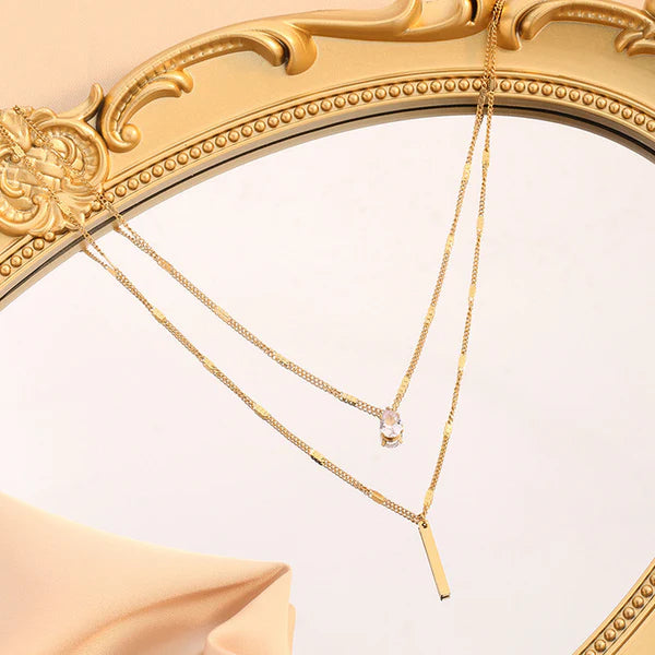 Teardrop Crystal Pendant and Sleek Bar Charm Gold Plated Anti Tarnish Layered Necklace
