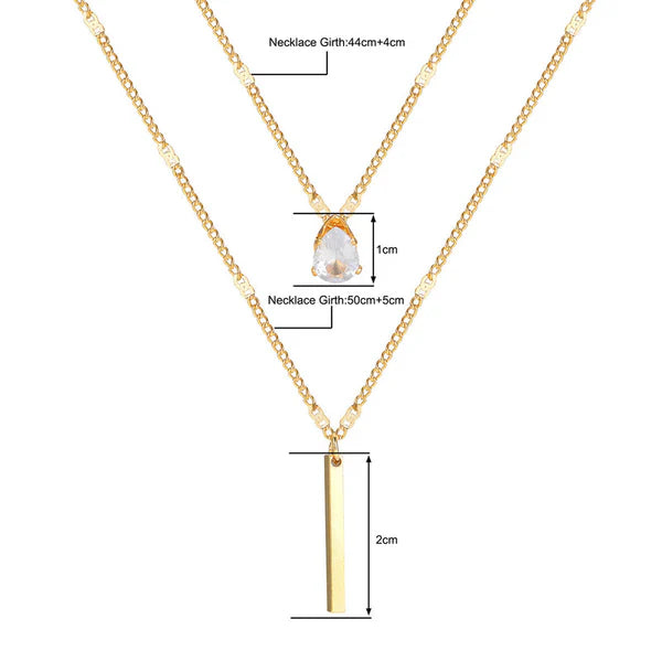 Teardrop Crystal Pendant and Sleek Bar Charm Gold Plated Anti Tarnish Layered Necklace