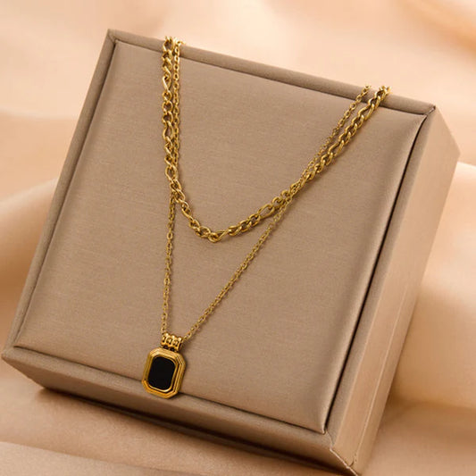 Gold Plated Anti Tarnish Black Stone Double Layer Necklace