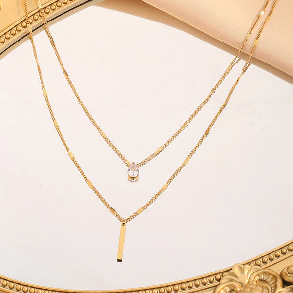 Teardrop Crystal Pendant and Sleek Bar Charm Gold Plated Anti Tarnish Layered Necklace