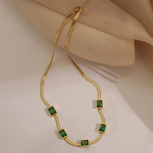 Gold Plated Anti Tarnish Green Stone Necklace