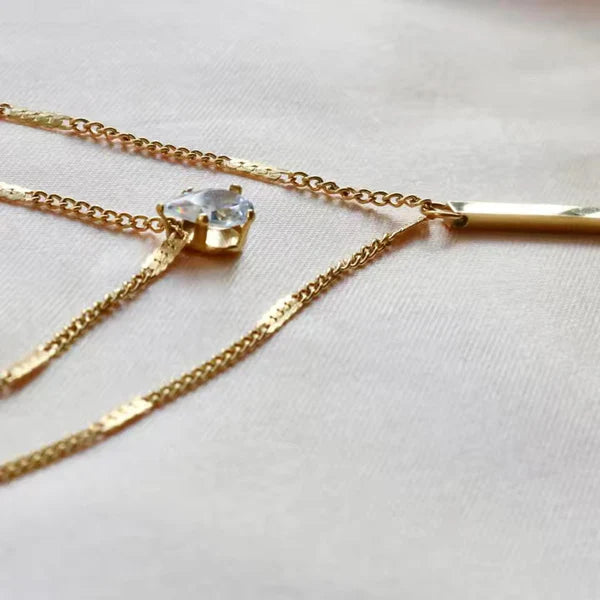 Teardrop Crystal Pendant and Sleek Bar Charm Gold Plated Anti Tarnish Layered Necklace
