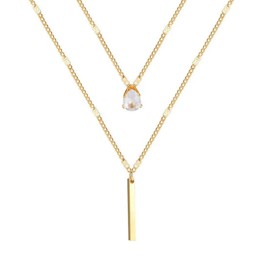 Teardrop Crystal Pendant and Sleek Bar Charm Gold Plated Anti Tarnish Layered Necklace