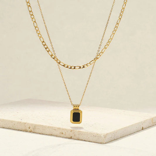 Gold Plated Anti Tarnish Black Stone Double Layer Necklace