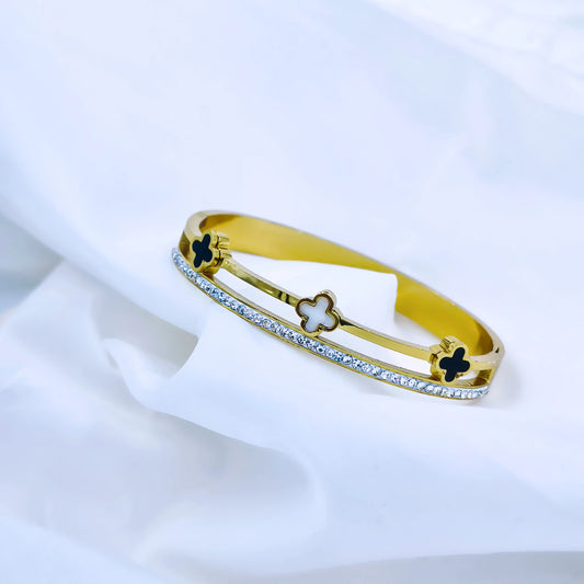 Dual Clover Crystal Line Anti-Tarnish Gold Plated Kada / Bracelet