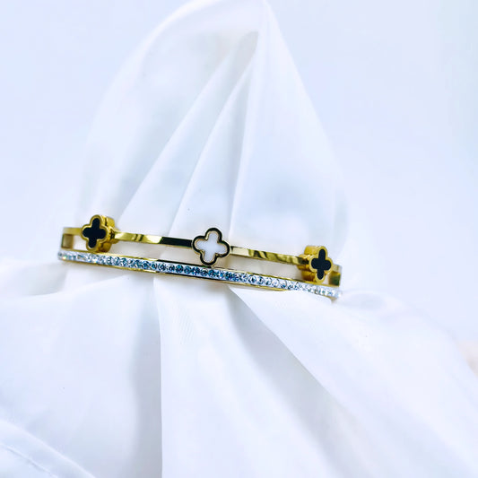 Dual Clover Crystal Line Anti-Tarnish Gold Plated Kada / Bracelet