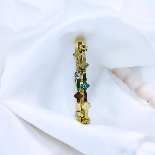 Multi Clover Crystal Accent Anti-Tarnish Gold Plated Kada / Bracelet