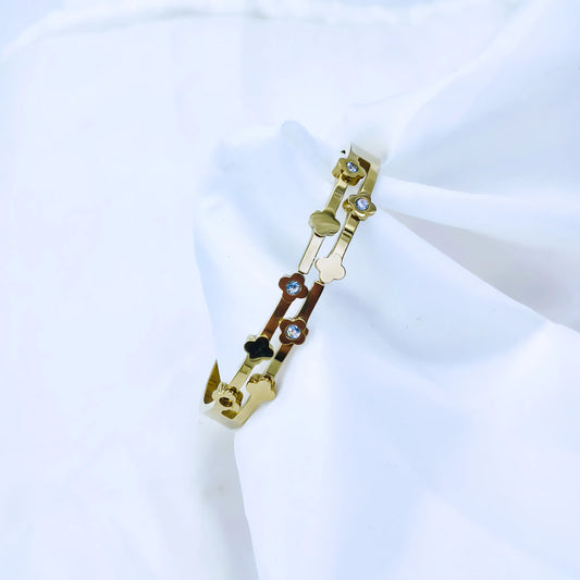 Multi Clover Crystal Accent Anti-Tarnish Gold Plated Kada / Bracelet