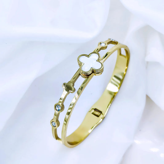 White Clover Crystal Accent Anti-Tarnish Gold Plated Kada / Bracelet