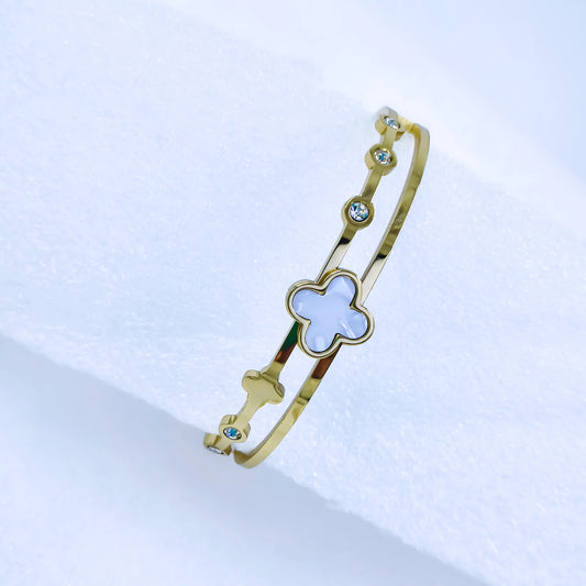 White Clover Crystal Accent Anti-Tarnish Gold Plated Kada / Bracelet