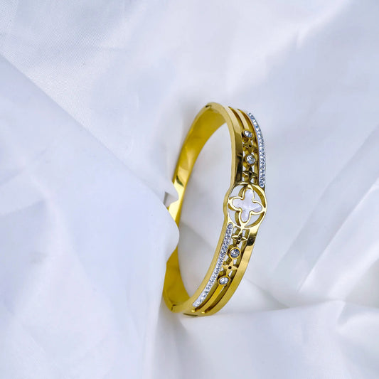 Anti Tarnish Gold Plated Kada Bracelet with White Stones & Designer Motif