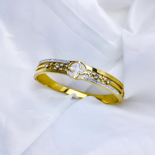 Anti Tarnish Gold Plated Kada Bracelet with White Stones & Designer Motif