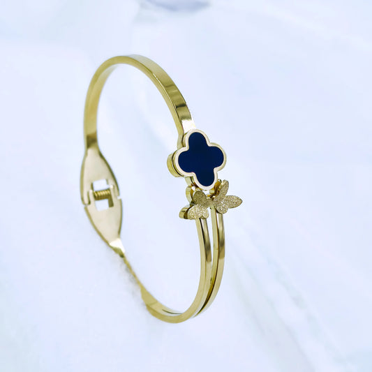 Black Clover & Butterfly Accent Anti-Tarnish Gold Plated Kada / Bracelet