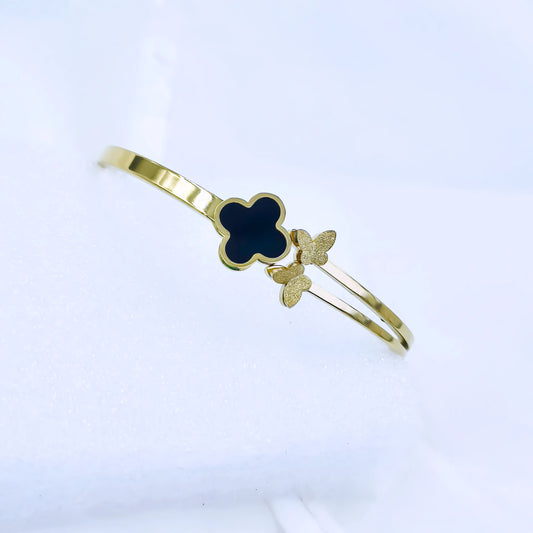 Black Clover & Butterfly Accent Anti-Tarnish Gold Plated Kada / Bracelet