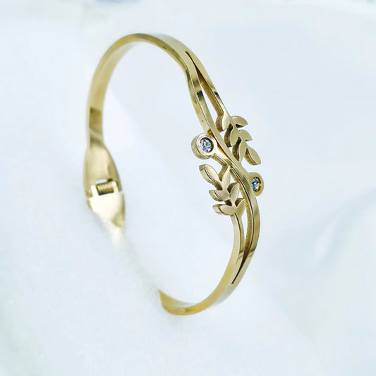 Leaf Motif Crystal Accent Anti-Tarnish Gold Plated Kada / Bracelet