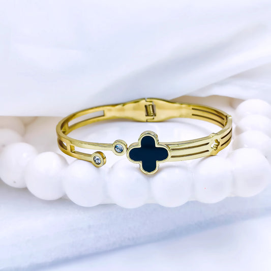 Black Clover Crystal Accent Anti-Tarnish Gold Plated Kada / Bracelet