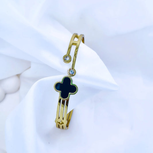 Black Clover Crystal Accent Anti-Tarnish Gold Plated Kada / Bracelet