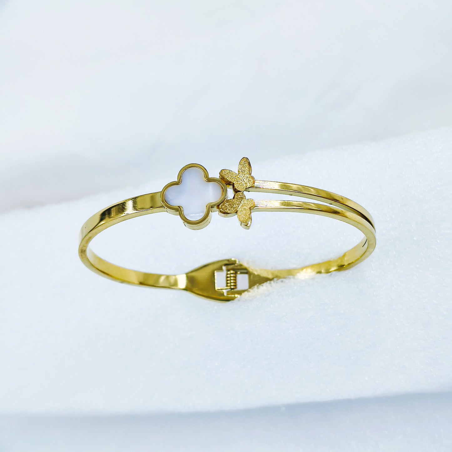 Gold Plated Clover Kada with Butterfly Design – Anti Tarnish (Regular Size 2.6 & 2.8)