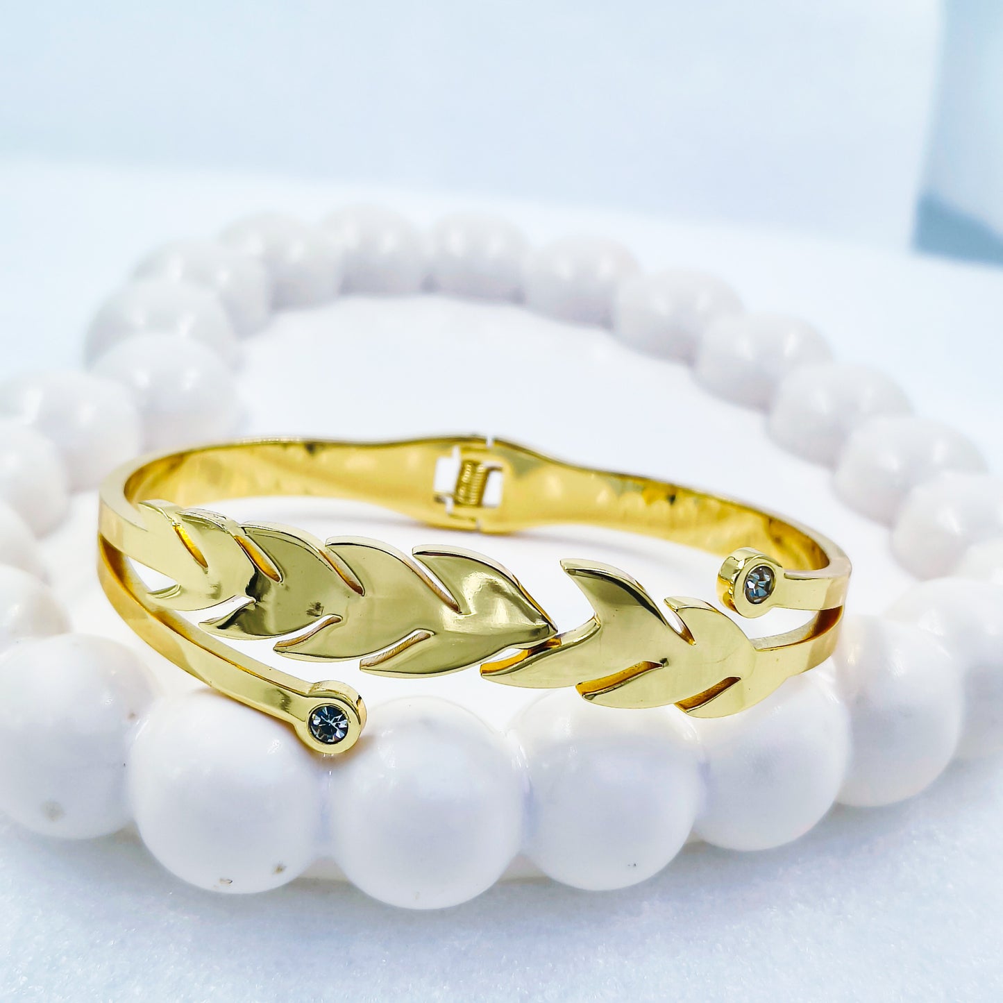 Anti-Tarnish Leaf Design Gold Plated Kada Bracelet with CZ Stones – Regular Size 2.8