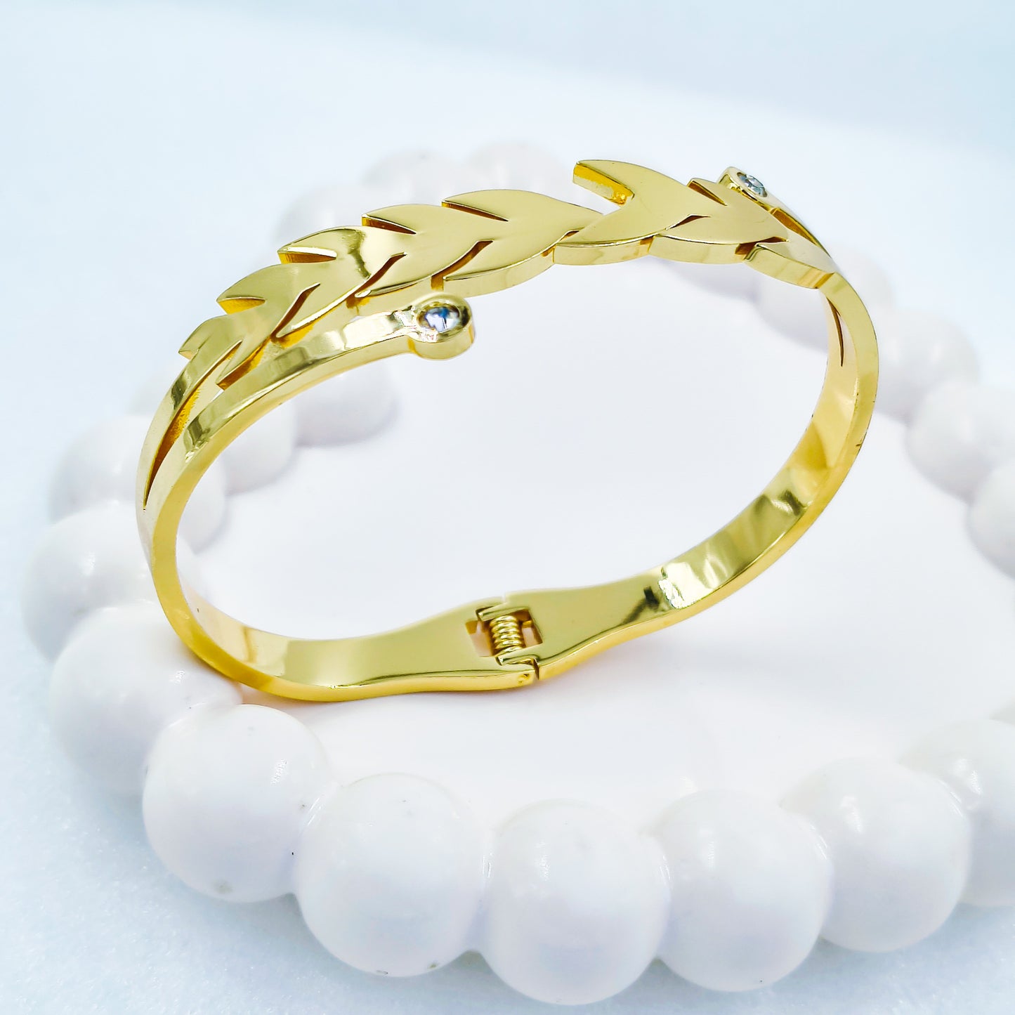 Anti-Tarnish Leaf Design Gold Plated Kada Bracelet with CZ Stones – Regular Size 2.8