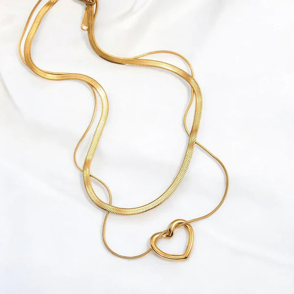 Gold-Plated Heart Pendant Layered Anti Tarnish Necklace Chain For Women