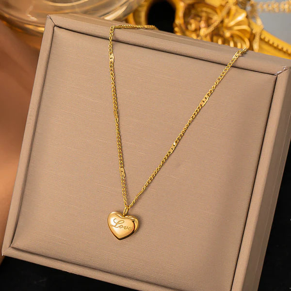 Gold Heart Pendant Anti Tarnish Necklace  – “Love” Engraved For Woman