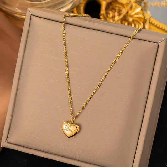 Gold Heart Pendant Anti Tarnish Necklace  – “Love” Engraved For Woman
