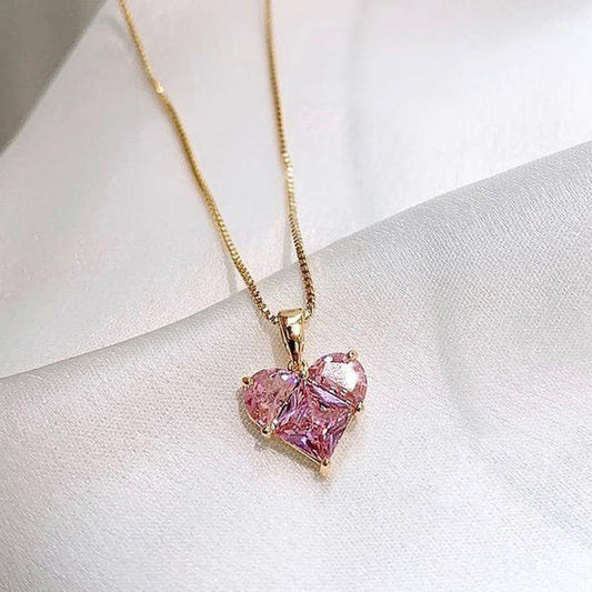 Gold Plated Pink Heart Anti Tarnish Pendant Necklace For Women
