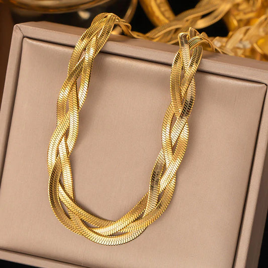 Gold-Plated Anti Tarnish Thick Snake Chain Triple Strand Necklace For Women