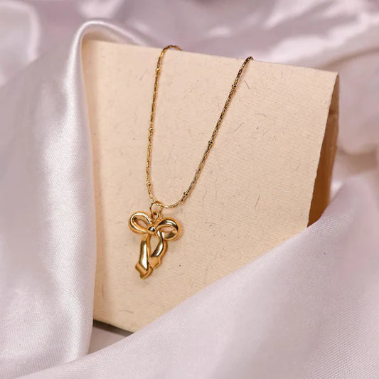 Gold Bow Anti Tarnish Pendant Necklace For Women