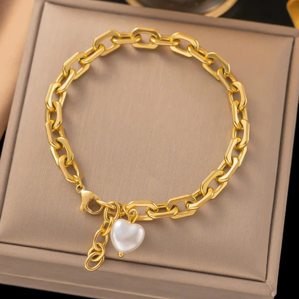 Anti Tarnish Gold Plated Link Bracelet with Pearl Heart Charm For Woman