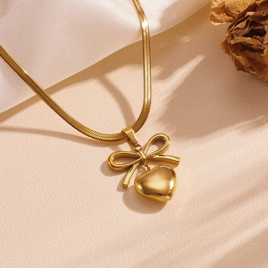 Gold Plated Heart & Bow Pendant Anti-Tarnish Necklace For Women