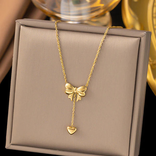 Gold-Plated Bow & Heart Anti Tarnish Pendant Chain For Women
