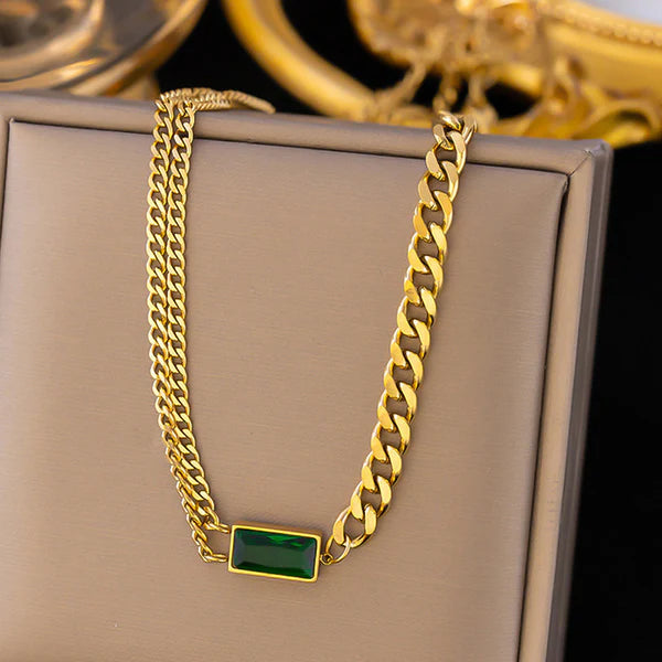 Anti Tarnish Gold Chain with Green Stone Pendant For Women