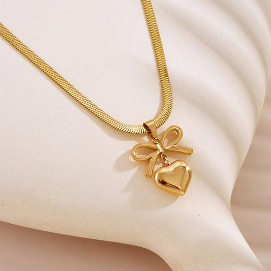 Gold Plated Heart & Bow Pendant Anti-Tarnish Necklace For Women